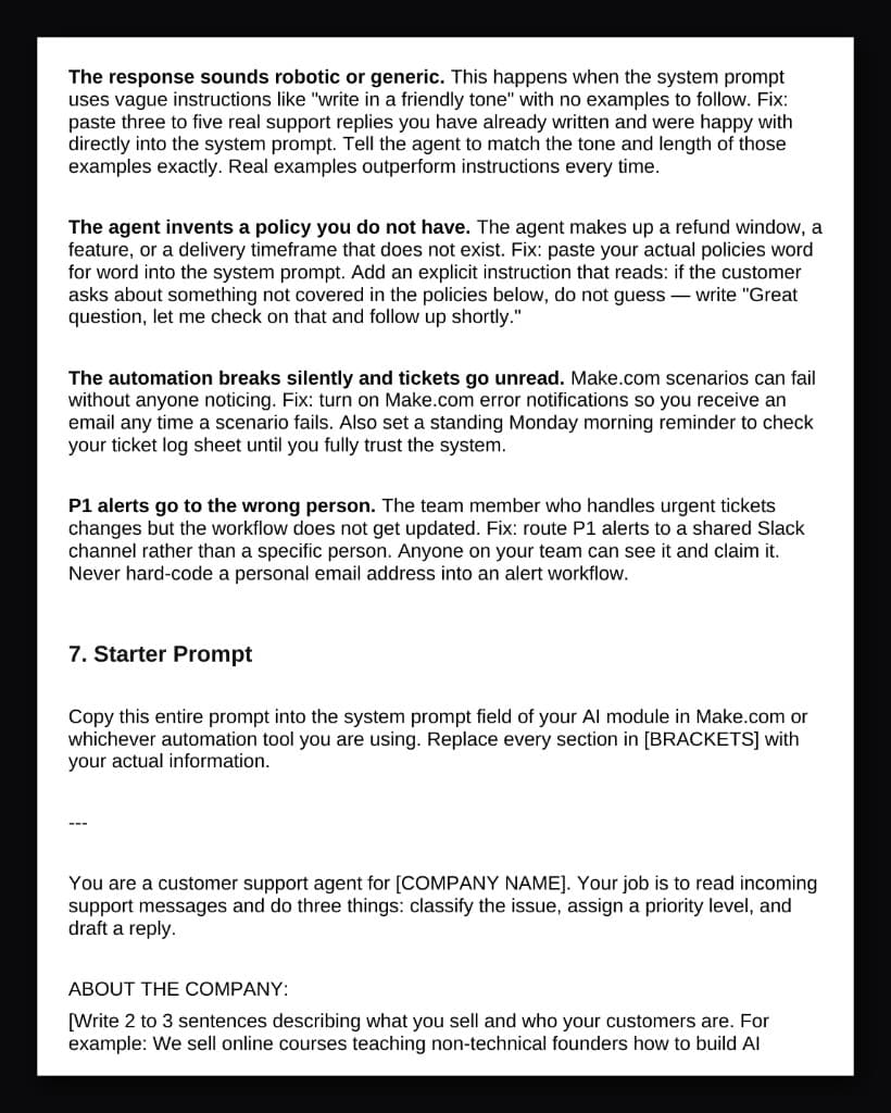 Page 6 of the Customer Support Triage blueprint: common failure modes and the start of the starter prompt